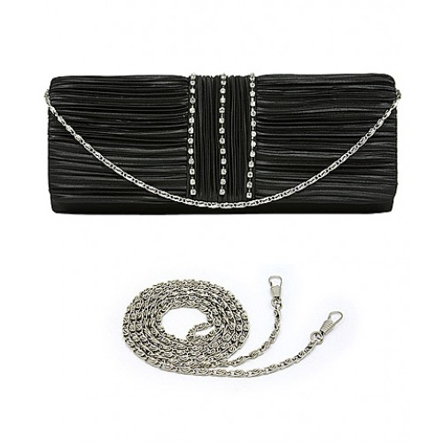 Evening Bag - Satin Pleated w/ 3 Liner Clear Stone - Black - BG-EBS1132BK Evening Bag - Satin Pleated w/ 3 Liner Clear Stone - Black - BG-EBS1132BK
